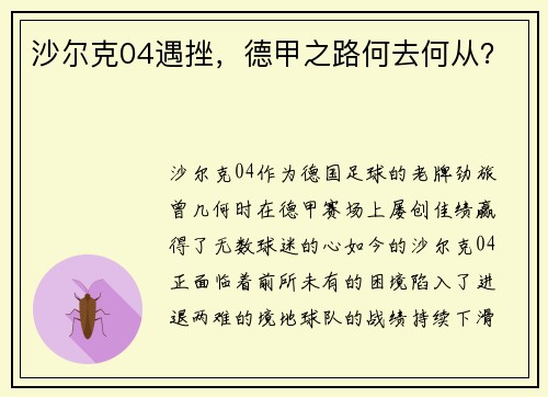 沙尔克04遇挫，德甲之路何去何从？